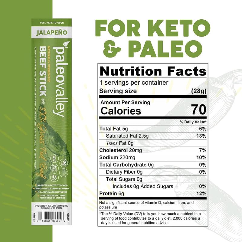 Paleovalley grass-fed beef sticks packaging highlighting gluten-free ingredients.