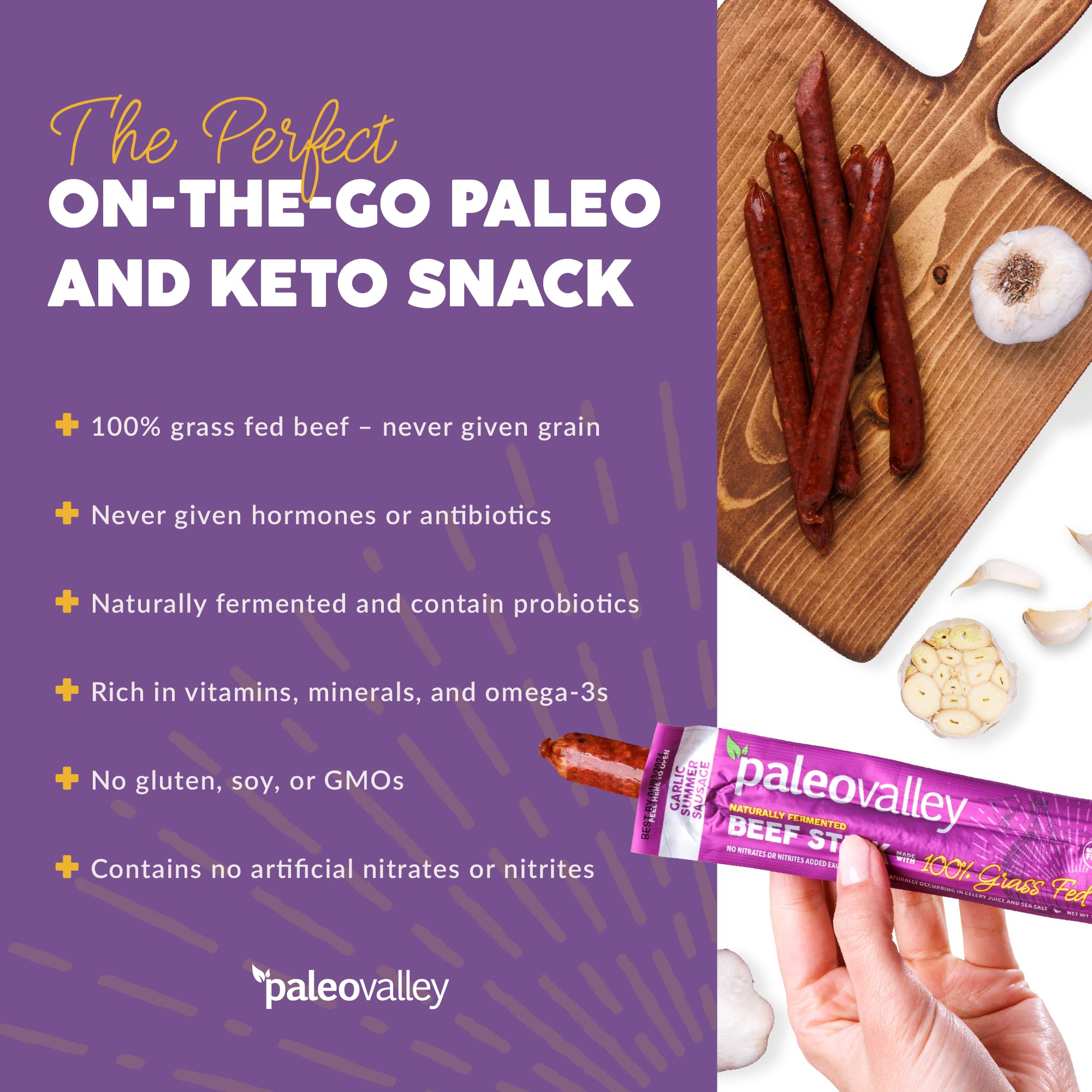 Paleovalley ingredients on pack, emphasizing grass-fed beef and natural fermentation for nutrient density
