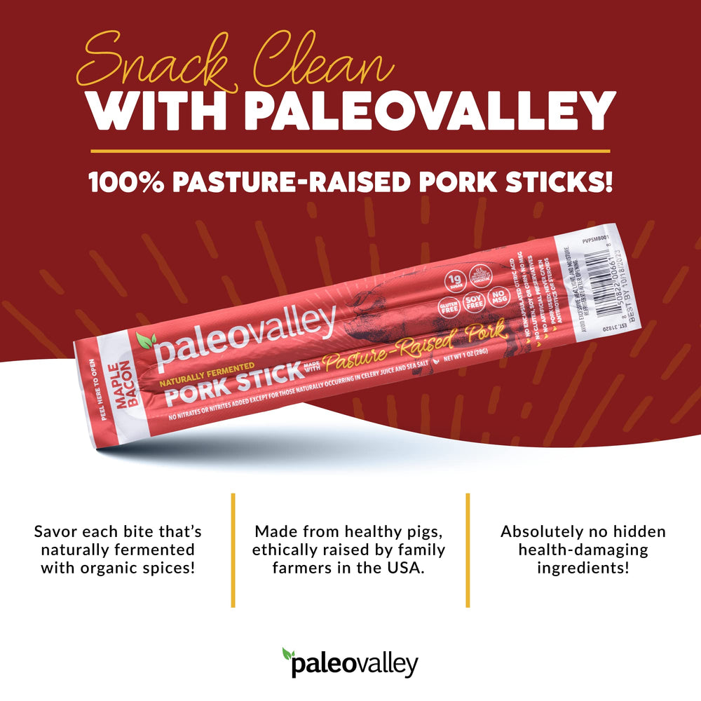 Paleovalley maple bacon pork sticks with organic spices for clean flavor