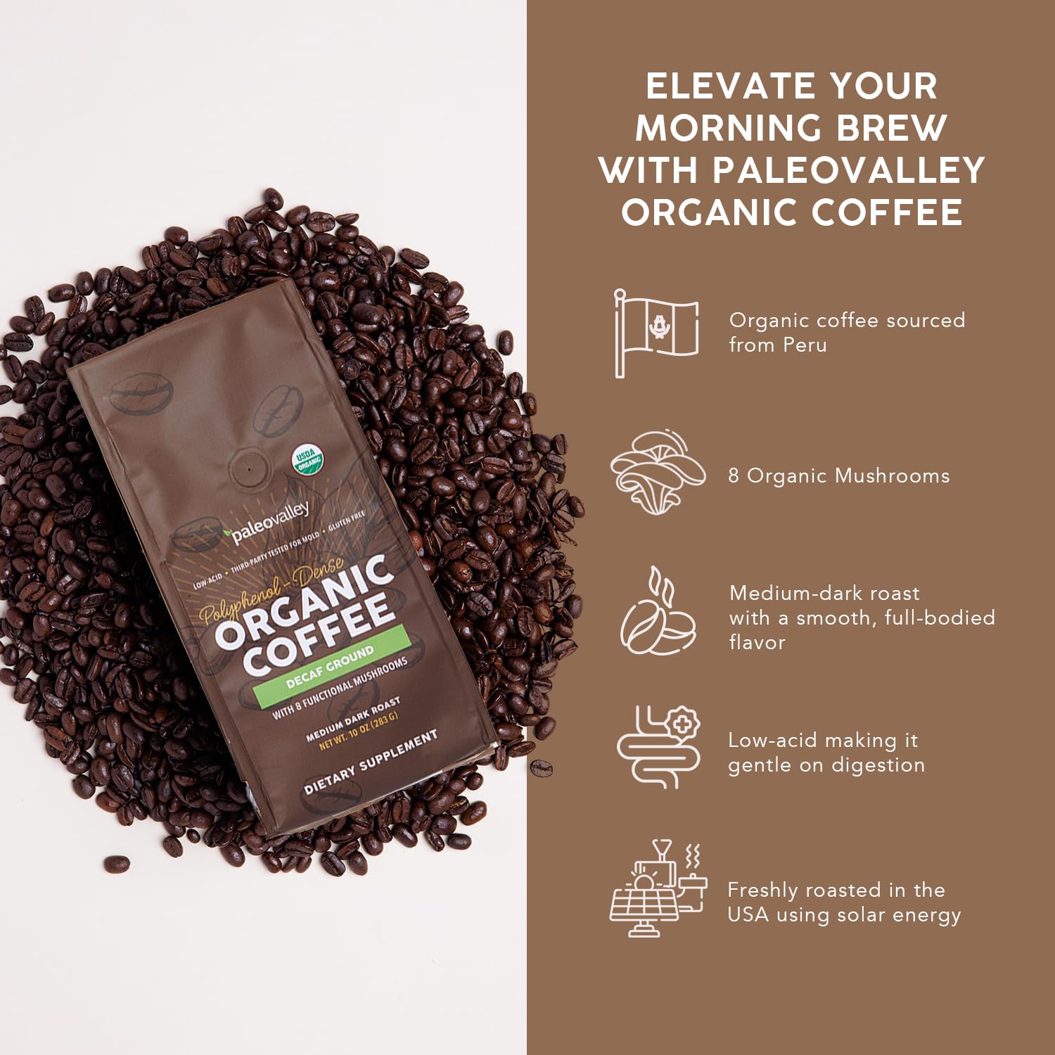 Paleovalley mushroom-infused cup highlights eight organic mushrooms for focus-friendly sipping.