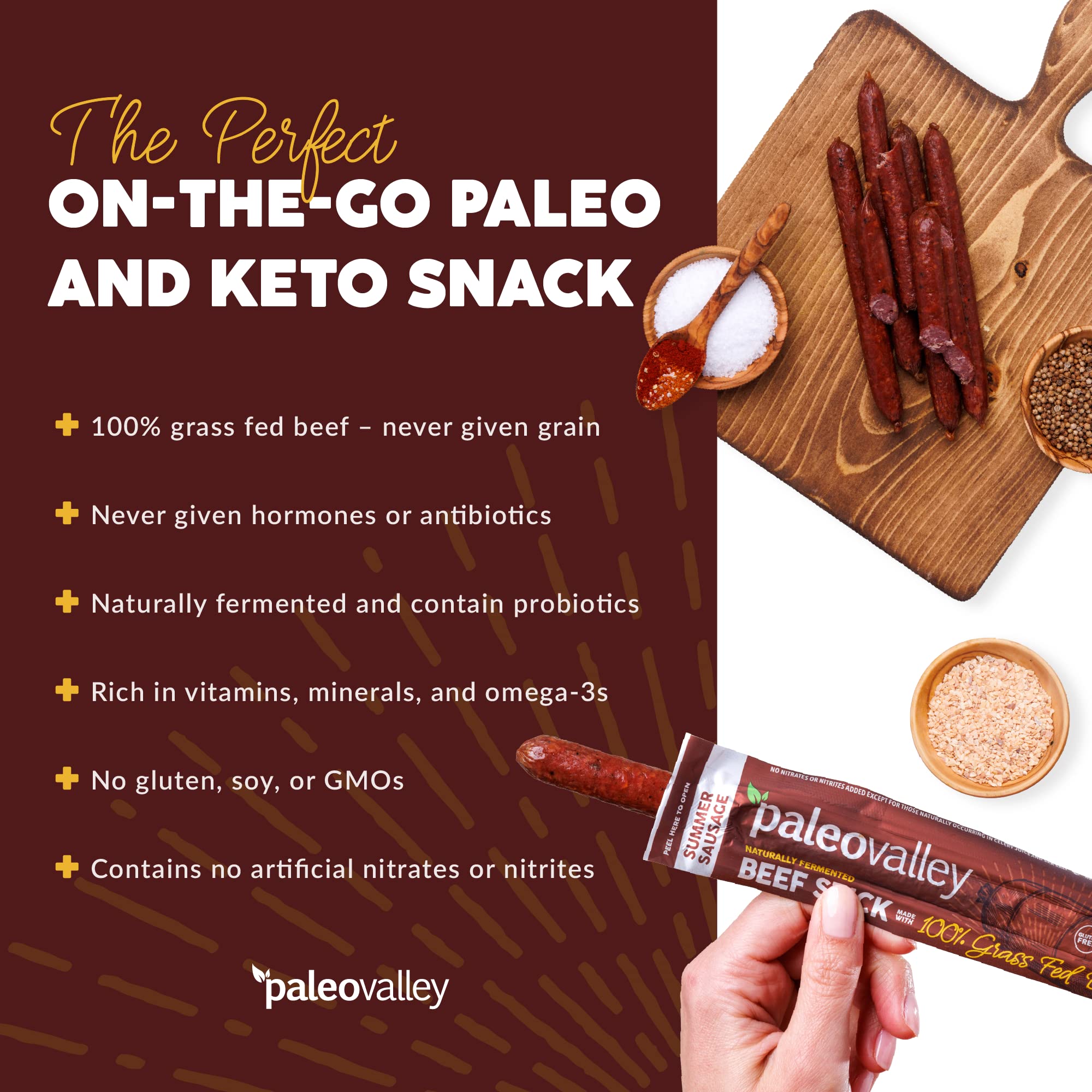 Paleovalley nutritious beef sticks rich in vitamins and omega-3 for heart health.