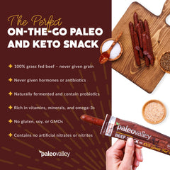 Paleovalley nutritious beef sticks rich in vitamins and omega-3 for heart health.