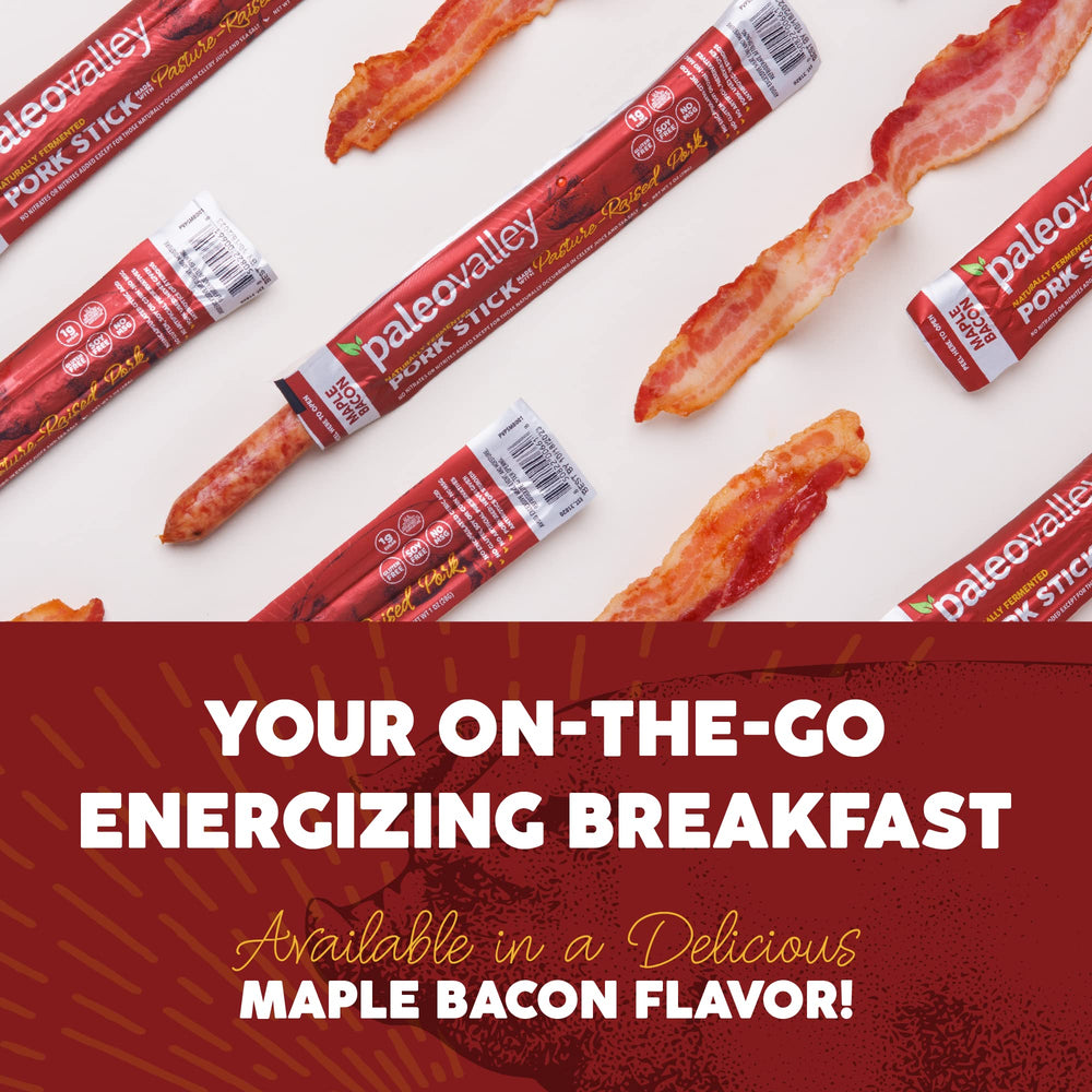 Paleovalley omega-rich pork sticks maple bacon highlighting higher omega-3