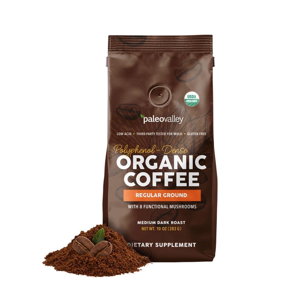 Paleovalley Organic Ground Coffee in a 10oz bag ready for a smooth daily brew