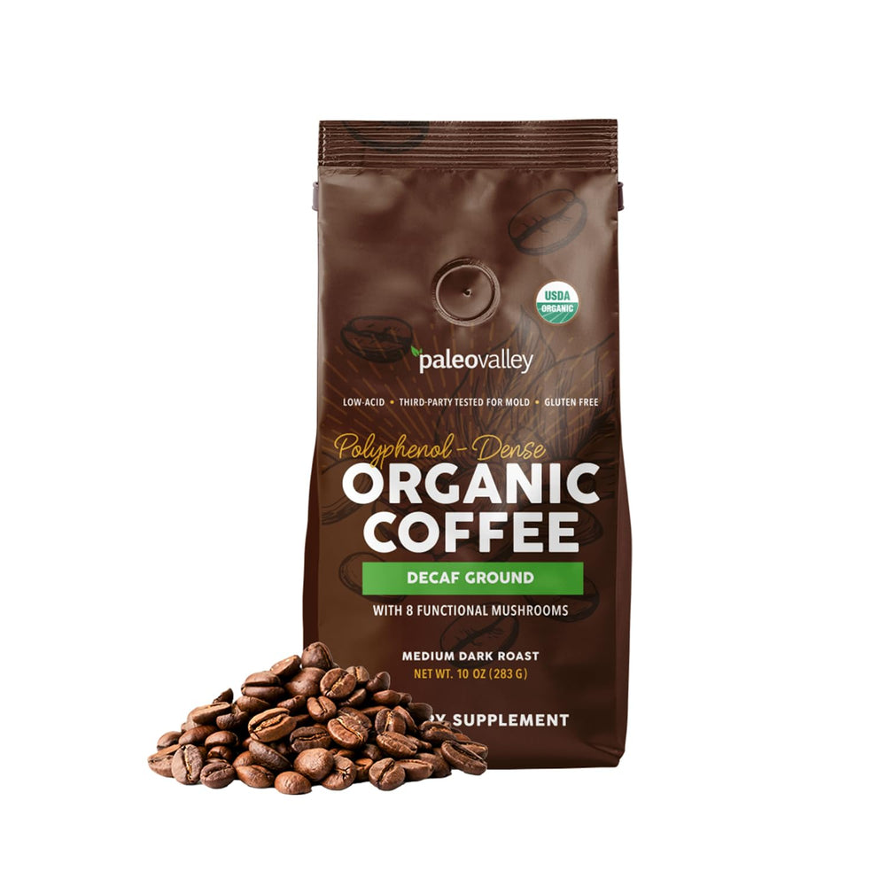 Paleovalley Organic Ground Coffee decaf bag on kitchen counter offers caffeine-free comfort.