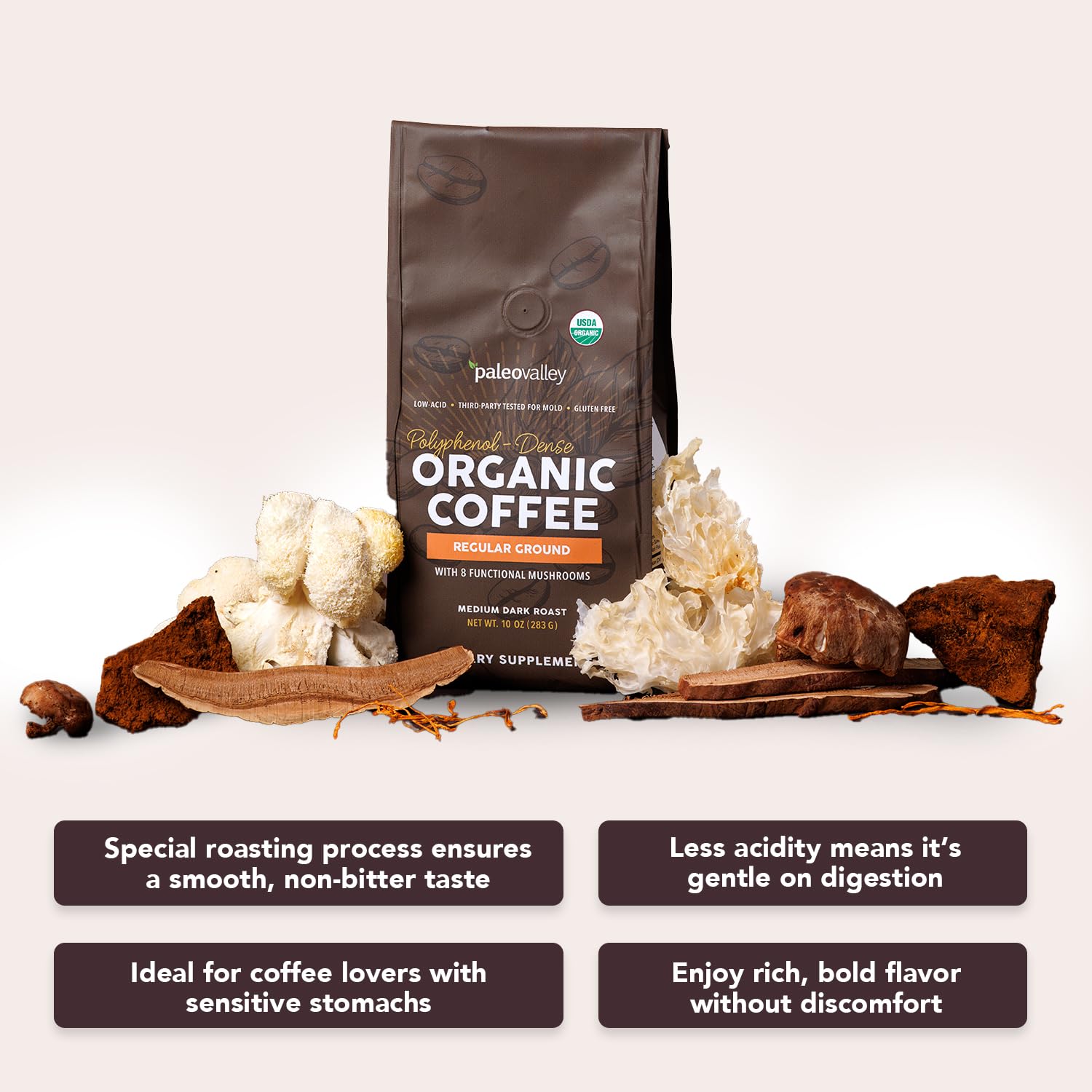 Paleovalley polyphenol rich coffee closeup emphasizing antioxidant content