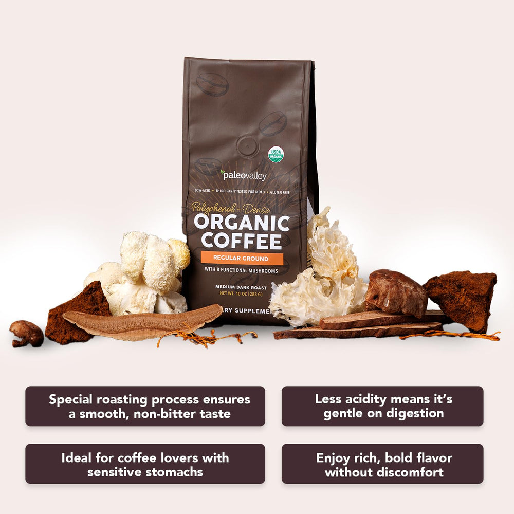 Paleovalley polyphenol rich coffee closeup emphasizing antioxidant content