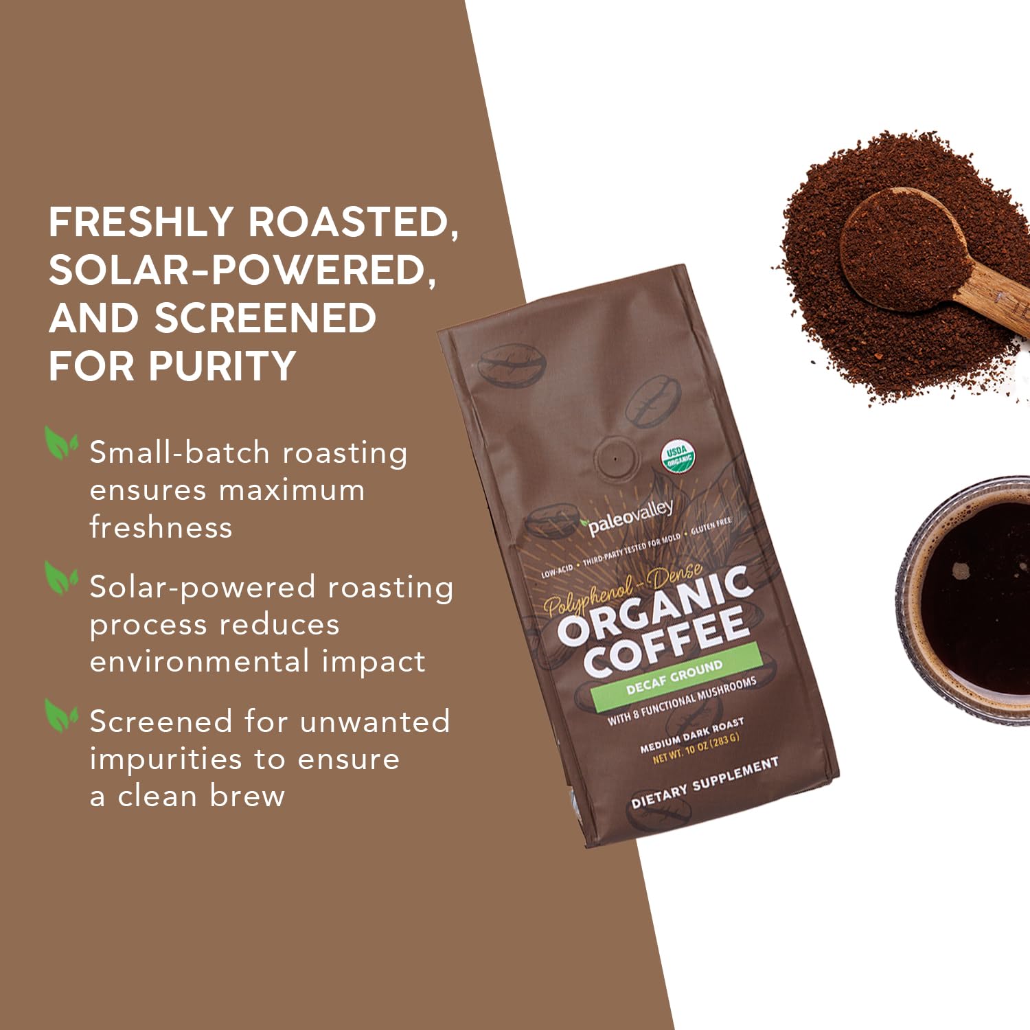 Solar-powered roasting badge on coffee package signals sustainability and freshness.