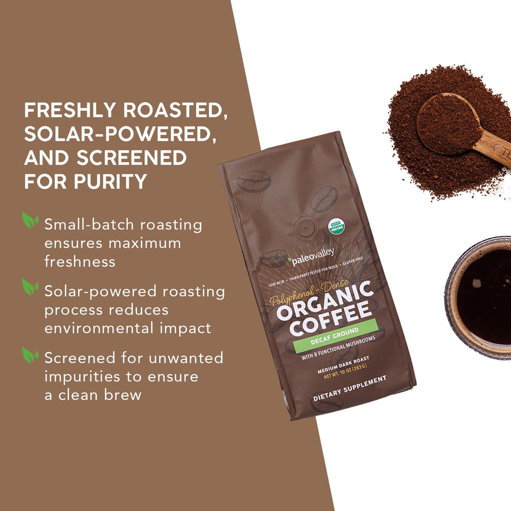 Solar-powered roasting badge on coffee package signals sustainability and freshness.