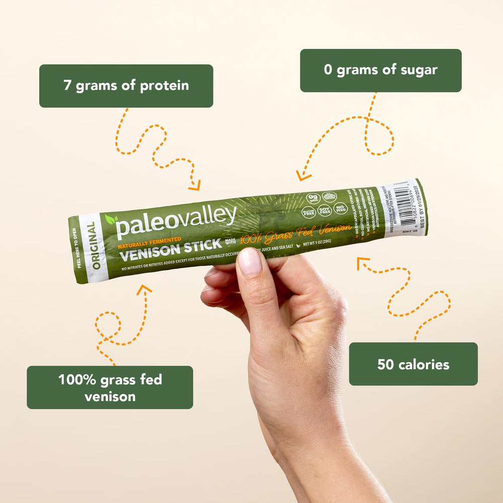 Paleovalley Venison Sticks naturally fermented detail for freshness.