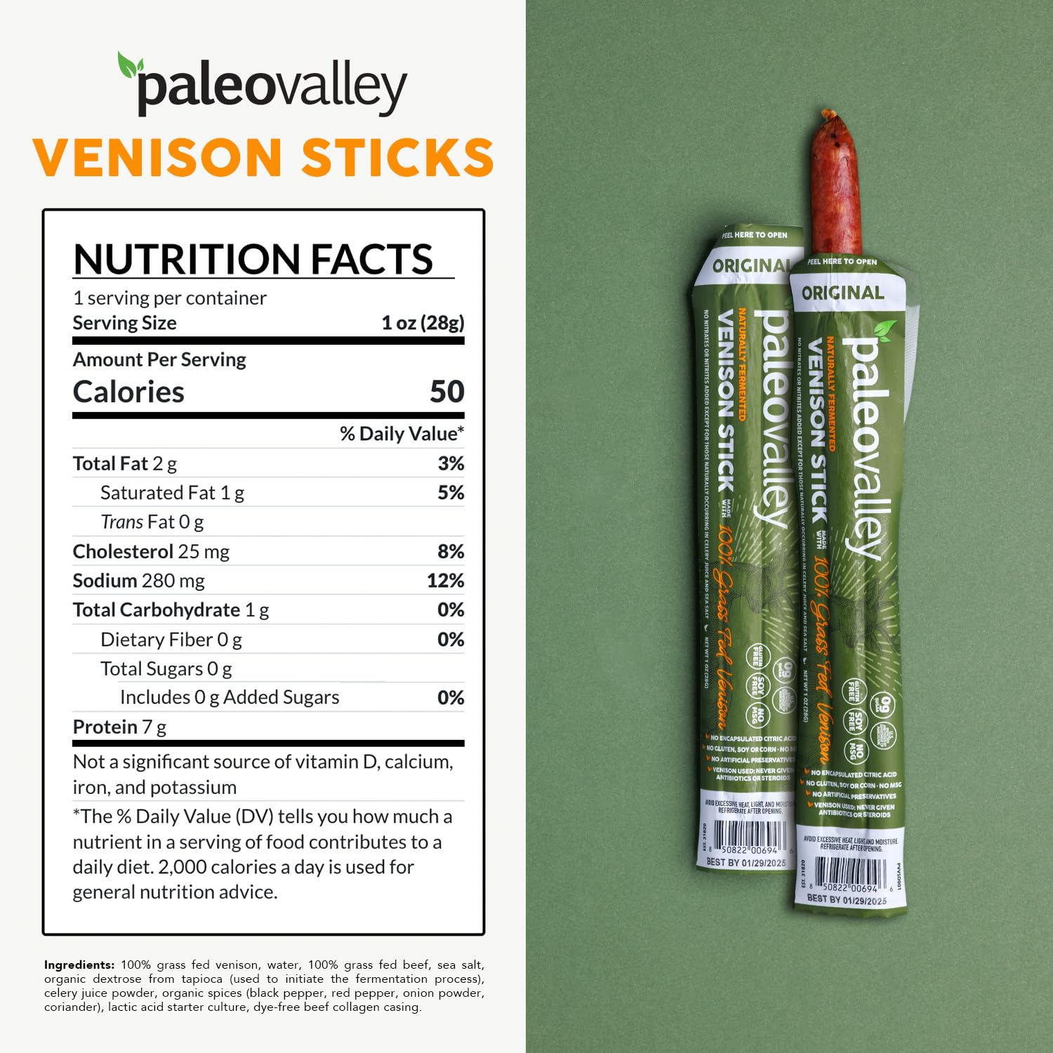 Paleovalley Venison Sticks ingredients close-up showing venison and spices.