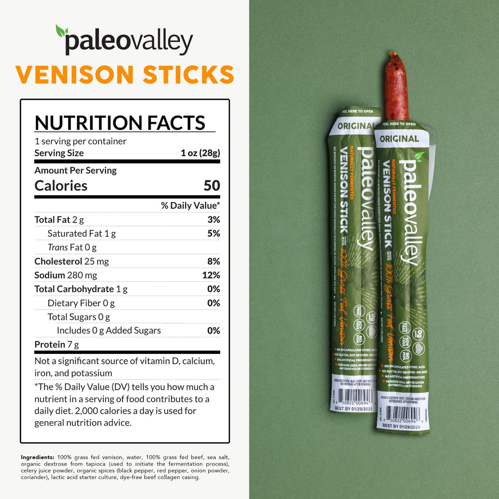 Paleovalley Venison Sticks ingredients close-up showing venison and spices.