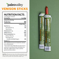 Paleovalley Venison Sticks ingredients close-up showing venison and spices.