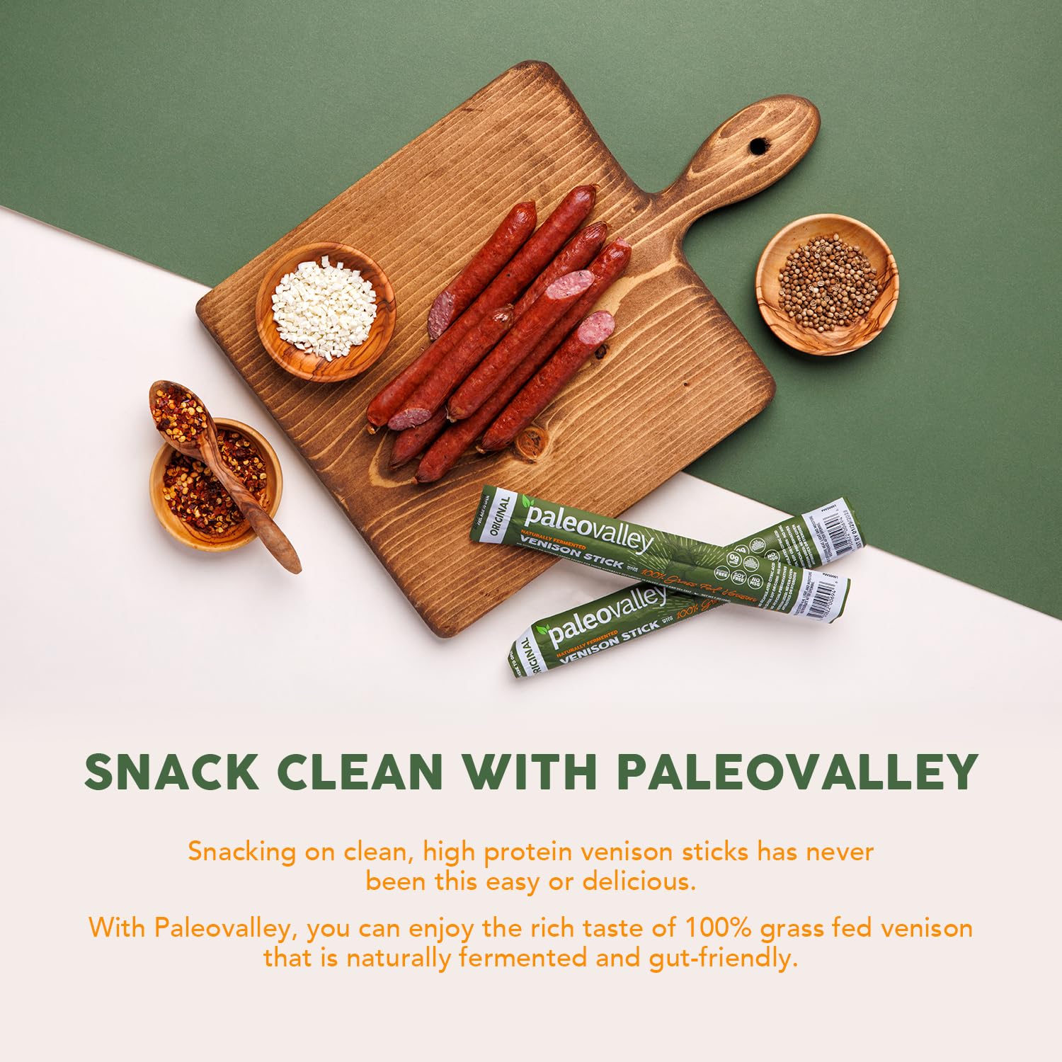 Paleovalley Venison Sticks nutrition per stick highlighting 7g protein.