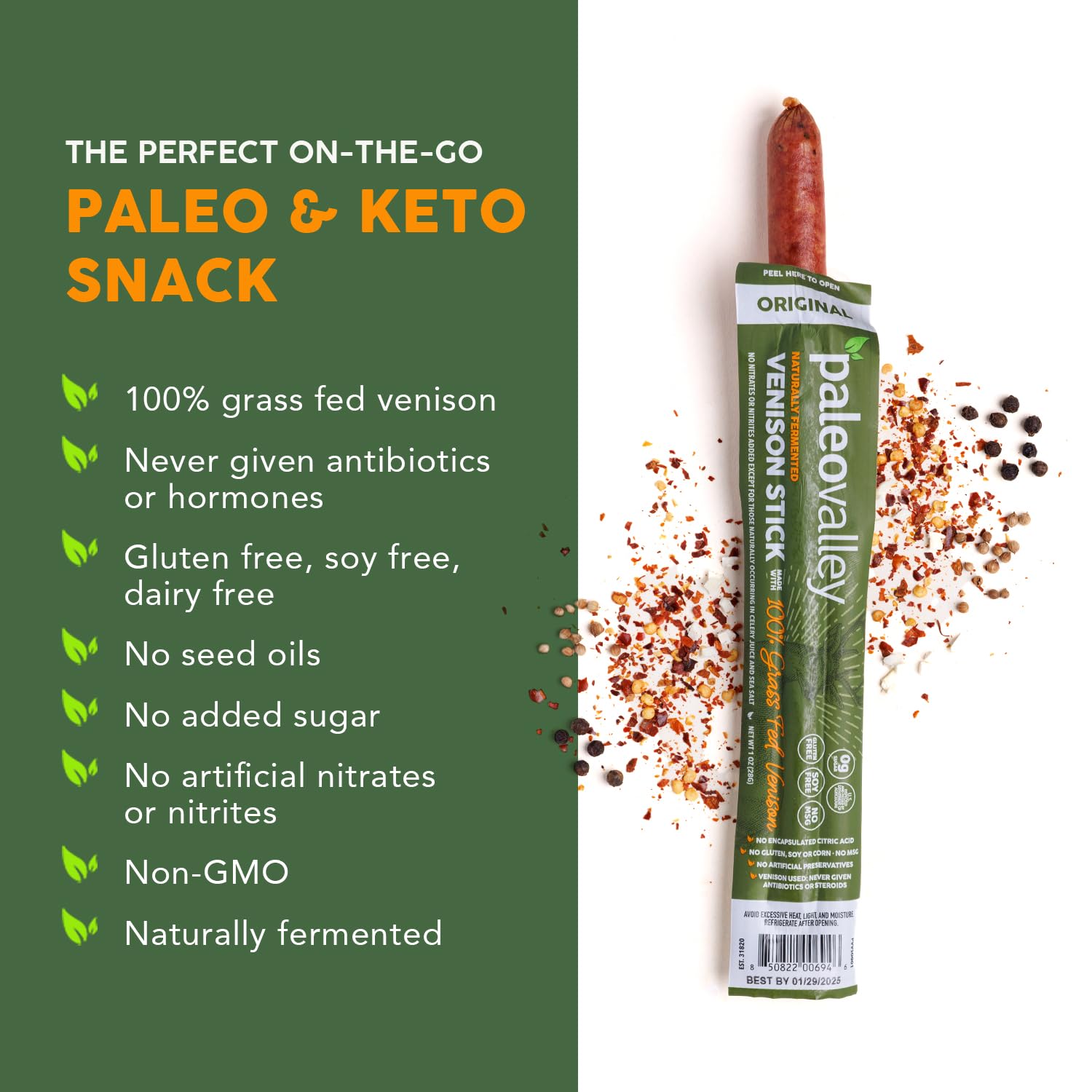 Paleovalley Venison Sticks organic spices for savory flavor.