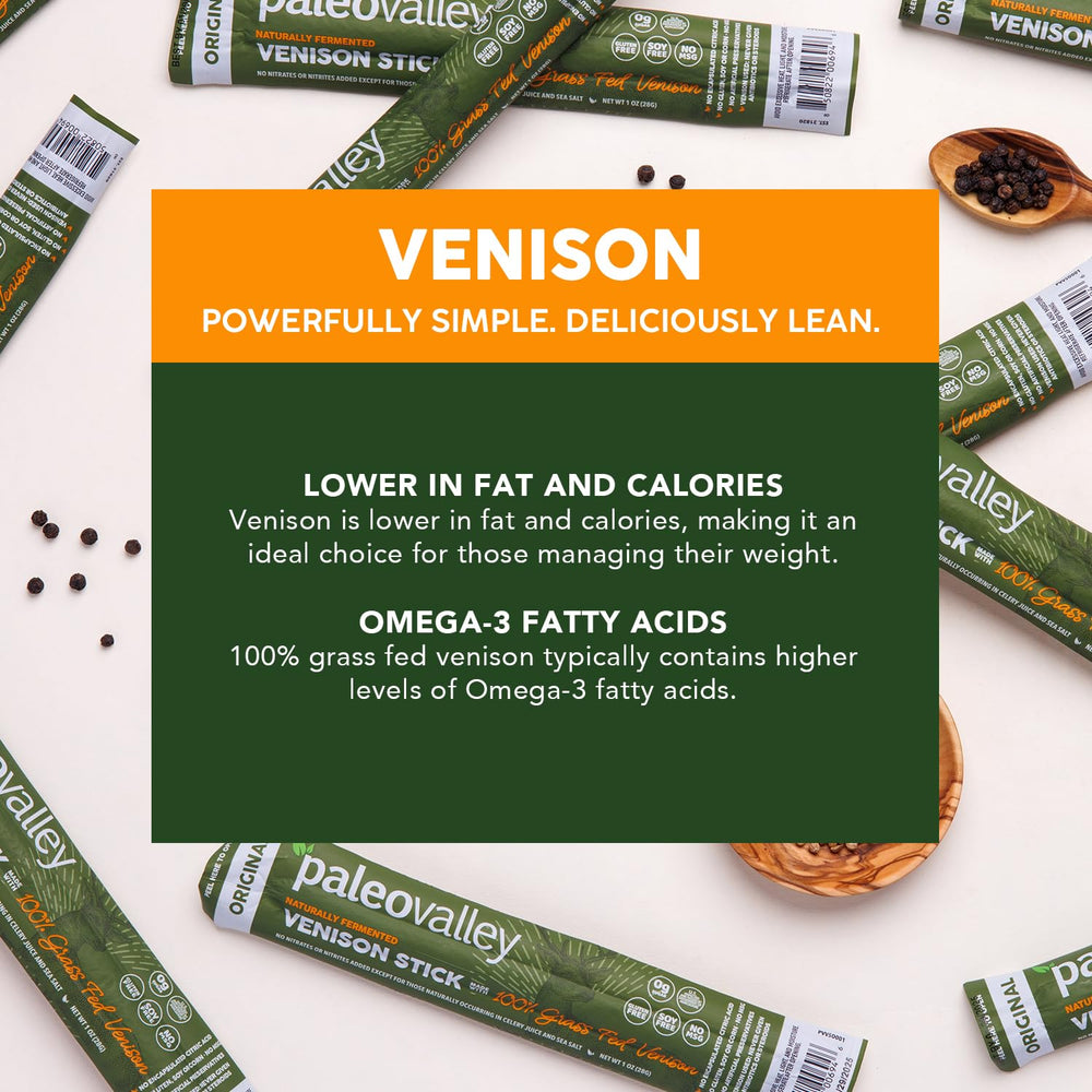 Paleovalley Venison Sticks back of pack view highlighting value and resealability.