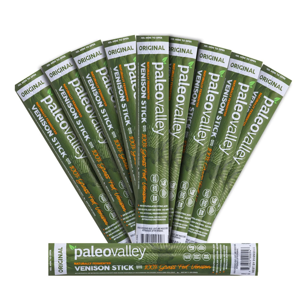 Paleovalley Venison Sticks front pack with keto-friendly, high-protein snack.