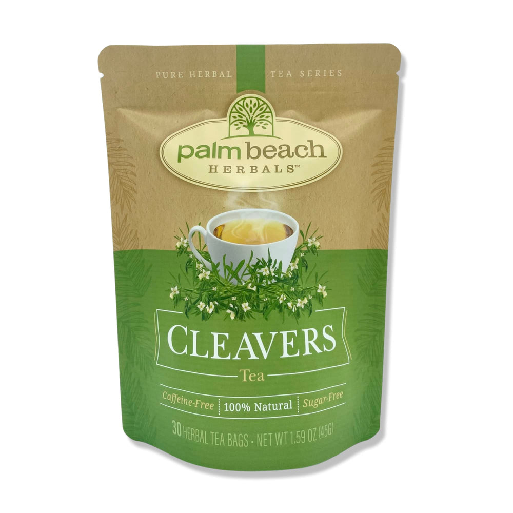 Palm Beach Medicinal Herbs Cleavers Tea in a foil lined pouch preserves freshness for everyday sipping.