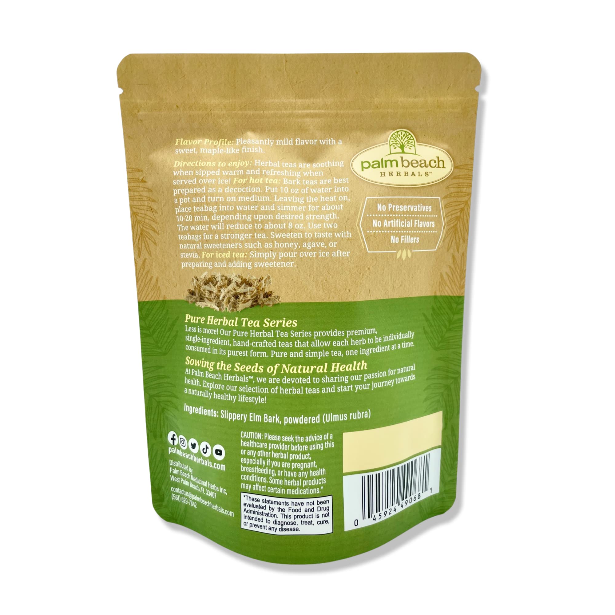 Palm Beach Medicinal Herbs Slippery Elm Tea label highlights Pure Herbal Tea Series, single-ingredient and caffeine-free.
