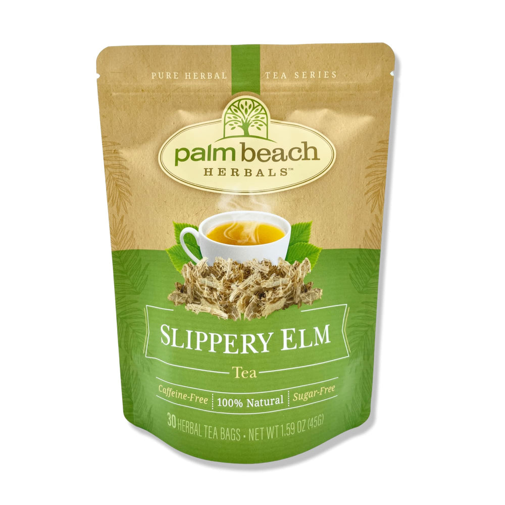 Palm Beach Medicinal Herbs Slippery Elm Tea in a foil pouch preserves freshness for daily relaxing moments.