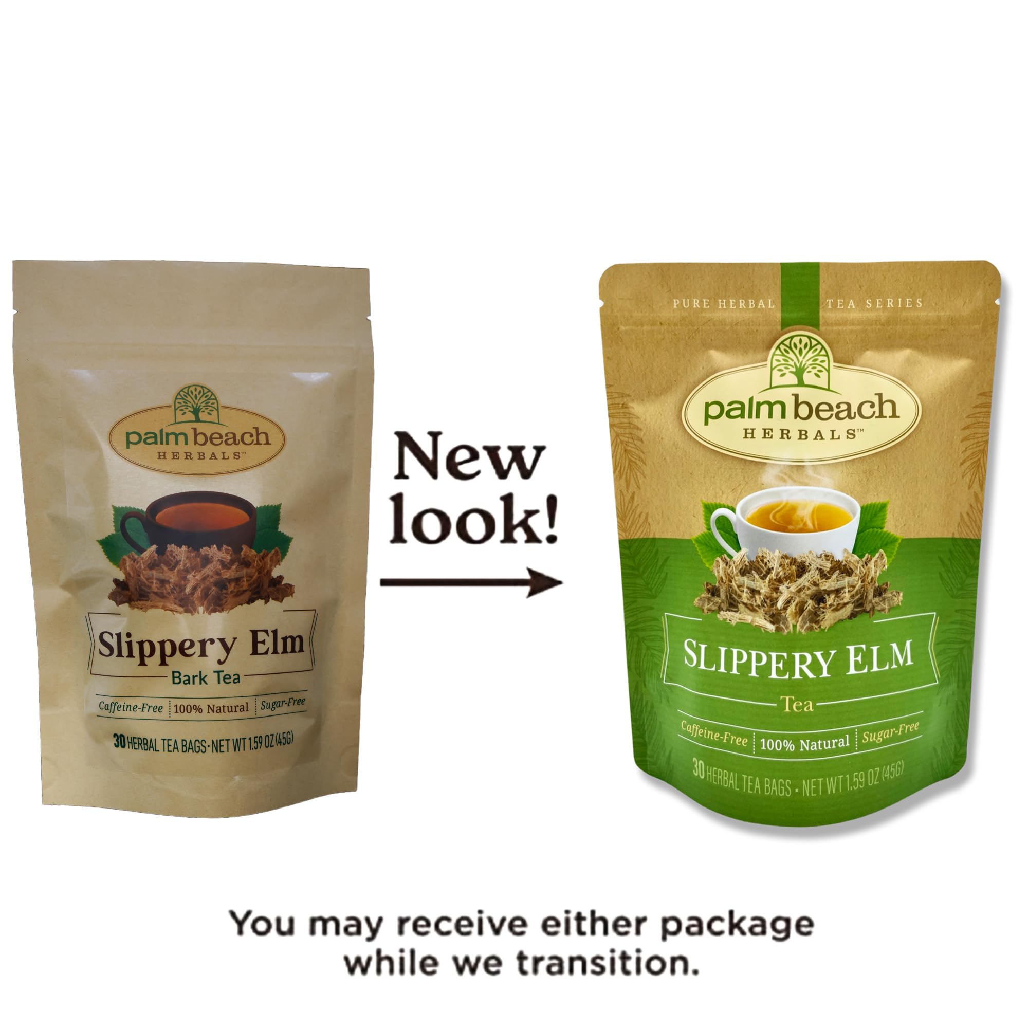 Palm Beach Medicinal Herbs Slippery Elm Tea tea bags ready to brew hot or iced for versatile flavor.