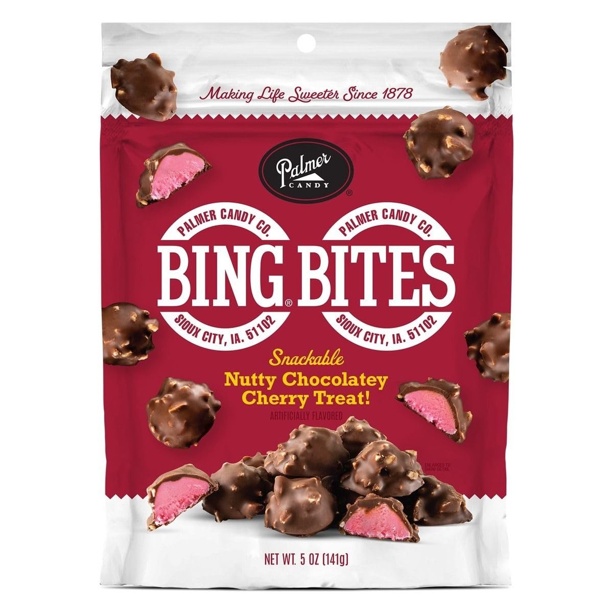 Palmer Candy Bing Bites with cherry nougat and peanuts, ideal for sharing at gatherings.