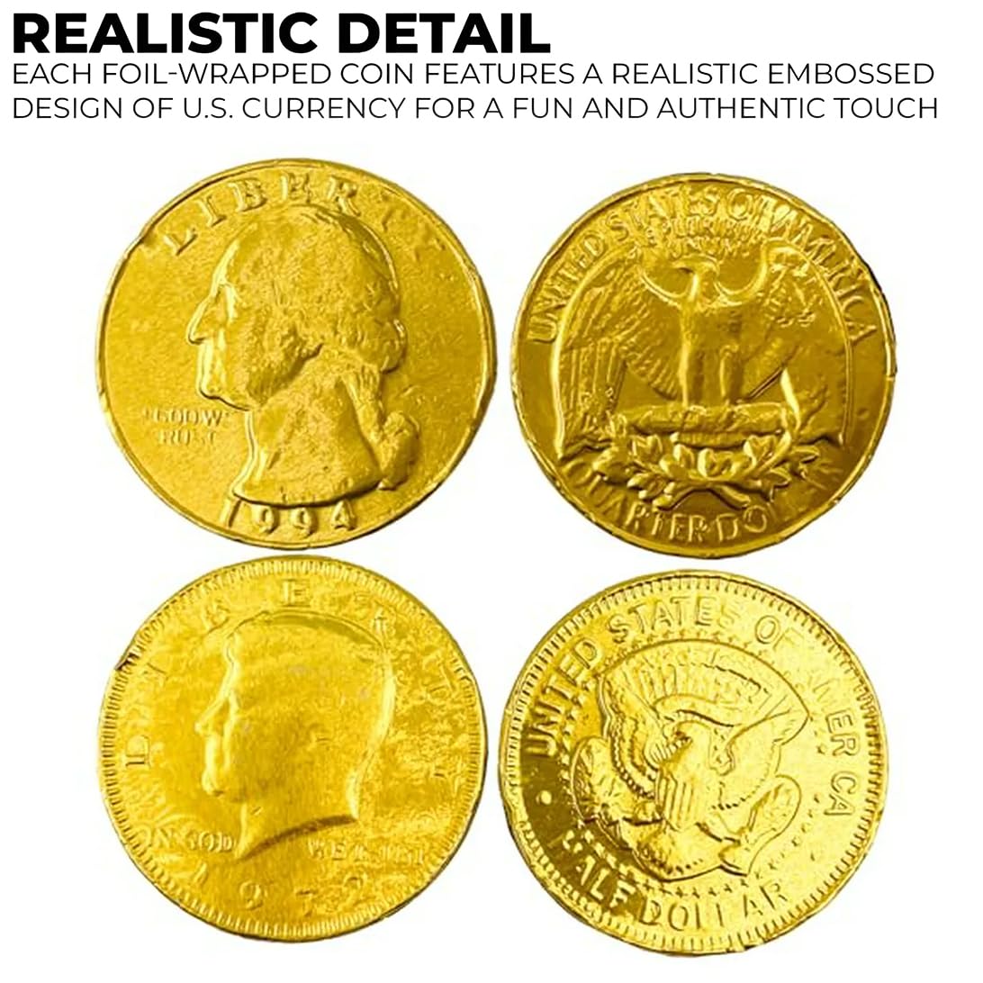 PALMER chocolate coins arranged on a dessert table to create a festive edible currency theme.