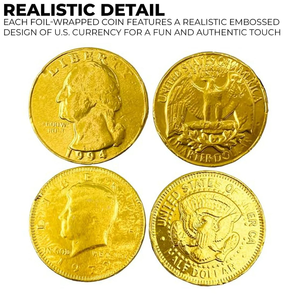 PALMER chocolate coins arranged on a dessert table to create a festive edible currency theme.