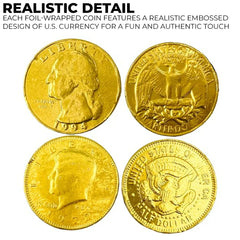 PALMER chocolate coins arranged on a dessert table to create a festive edible currency theme.