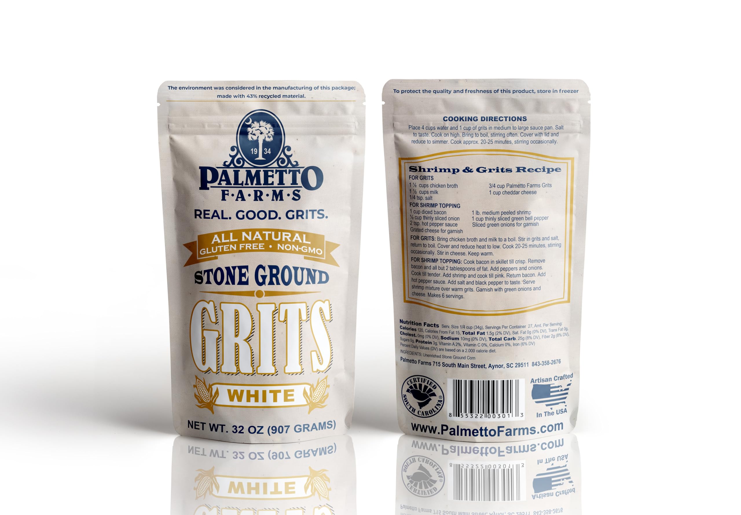 Palmetto Farms gluten-free, non-GMO grits from wheat-free facility.