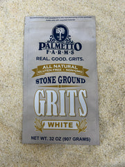 Palmetto Farms stone-ground grits close-up showing specks and texture.