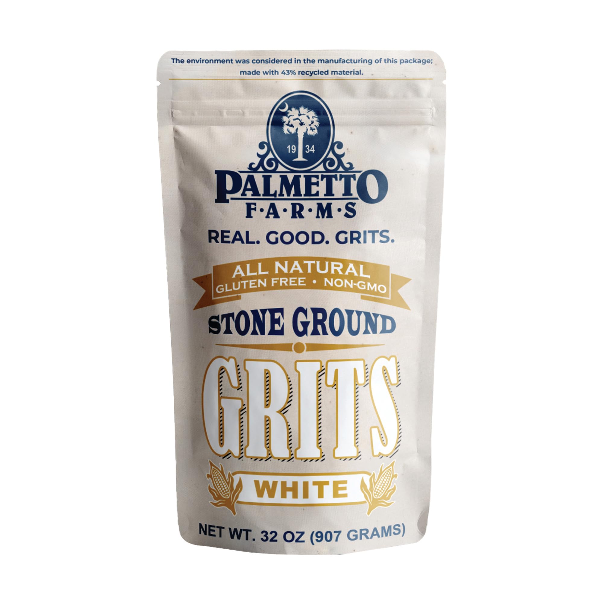 Palmetto Farms stone-ground white grits bag for rich breakfast flavor.
