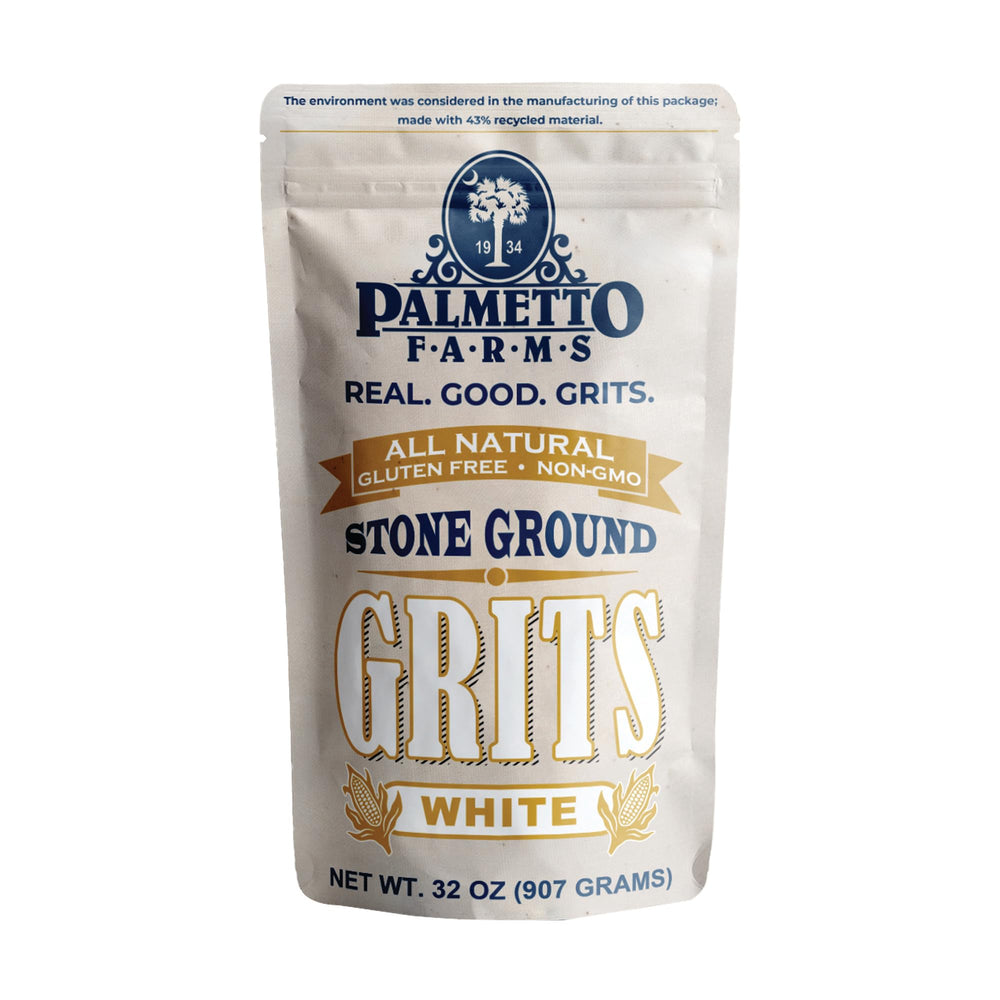 Palmetto Farms stone-ground white grits bag for rich breakfast flavor.
