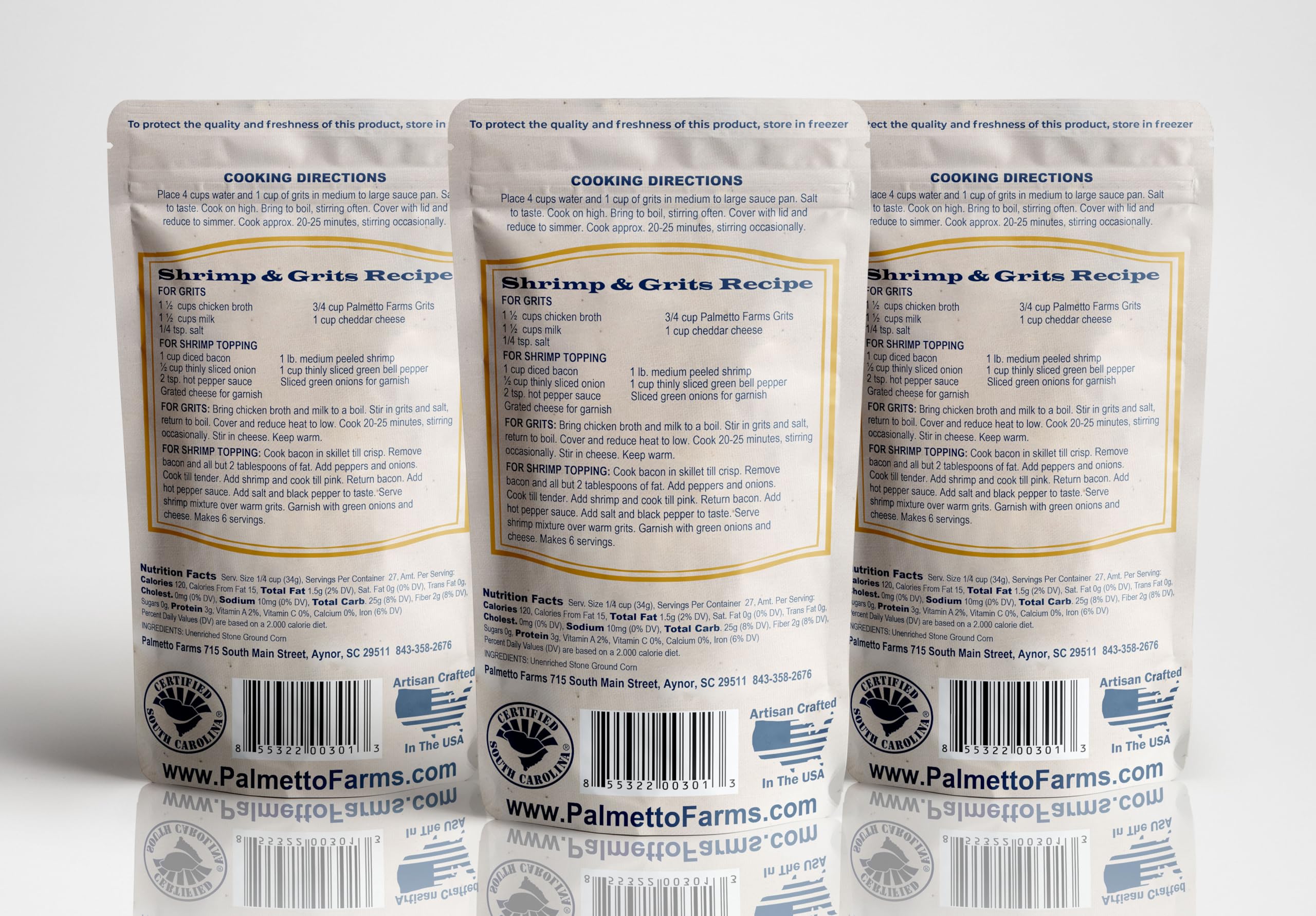 Palmetto Farms White Grits 3 Pack spread shows resealable packaging for freshness.