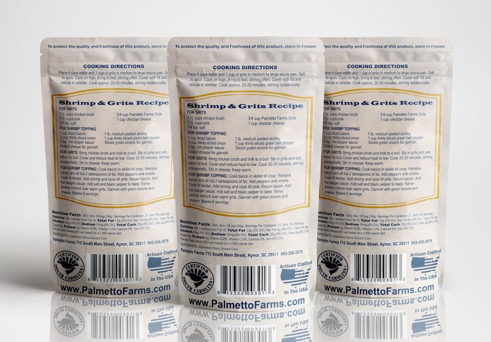 Palmetto Farms White Grits 3 Pack spread shows resealable packaging for freshness.