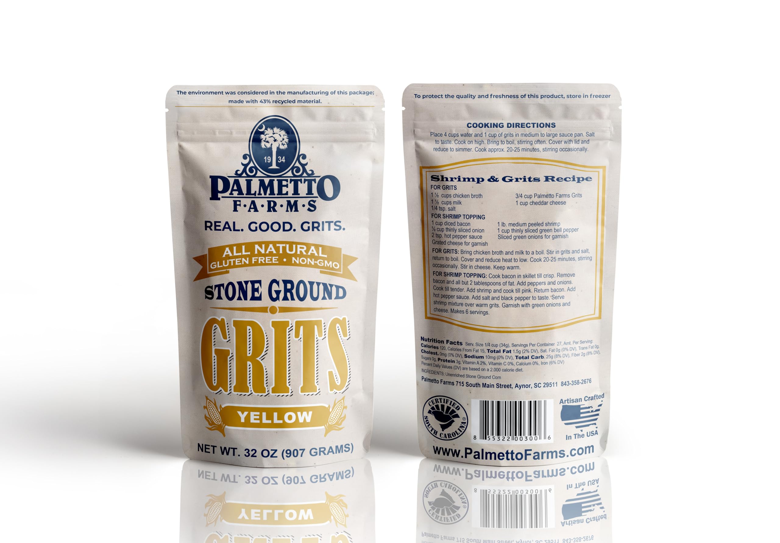 Palmetto Farms Yellow Grits packaging label emphasizes non-GMO and gluten-free.