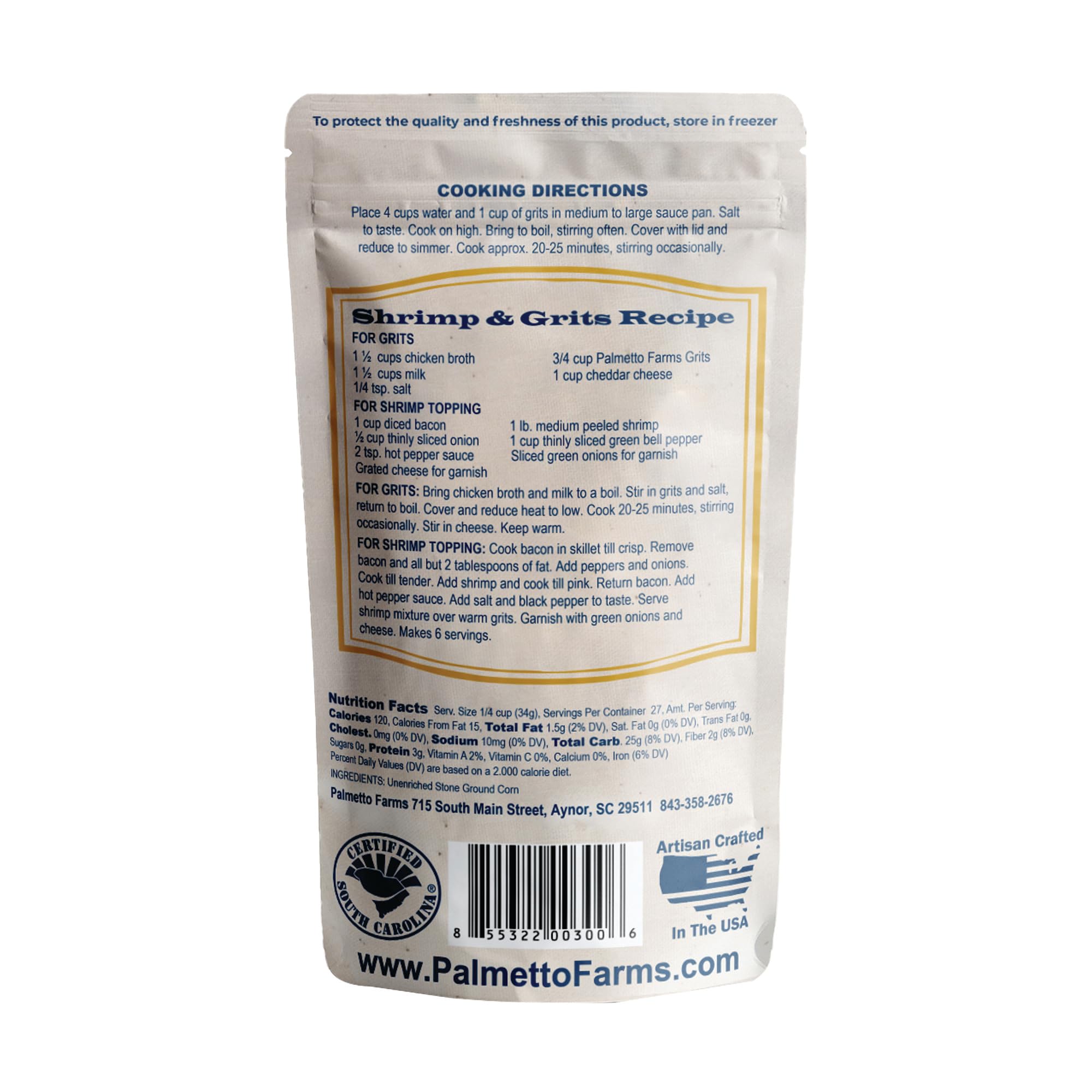 Palmetto Farms Yellow Grits stone-ground – authentic corn flavor and smooth texture.