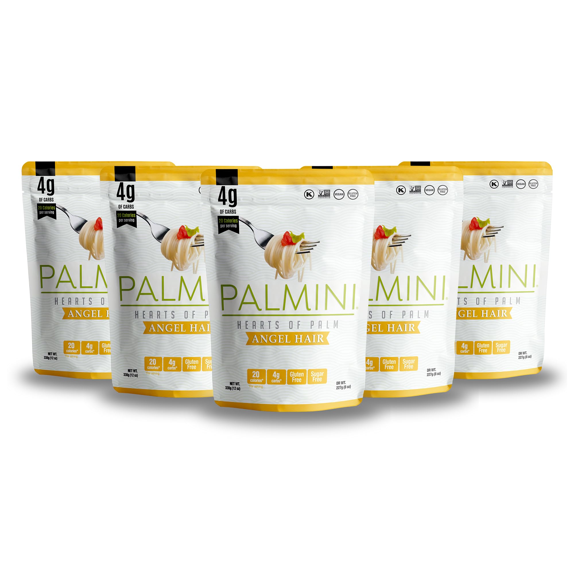 Palmini angel hair packaging shows a convenient six-pack for easy stocking.