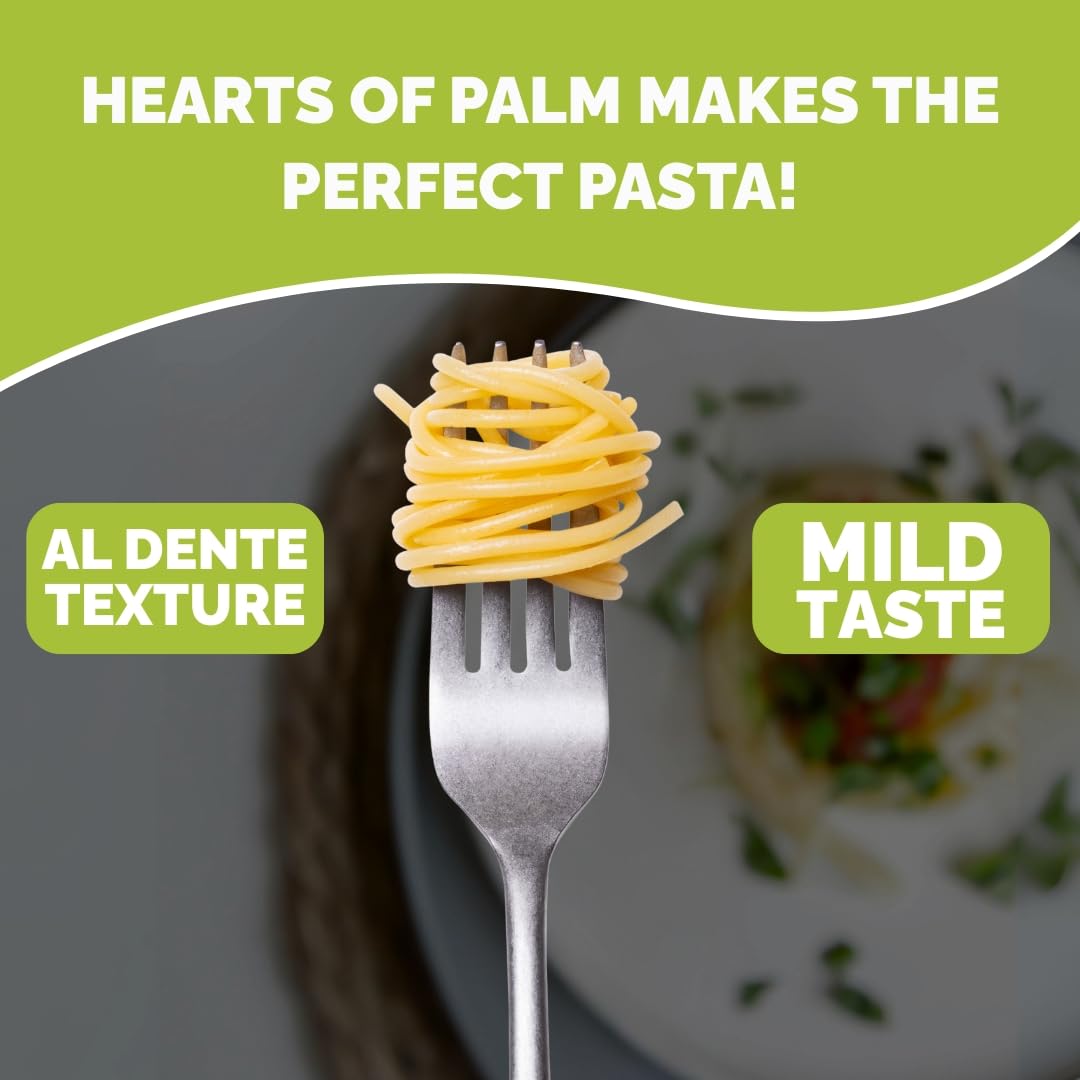 Palmini Angel Hair Pasta cooked strands on fork with light, sauce-ready texture.