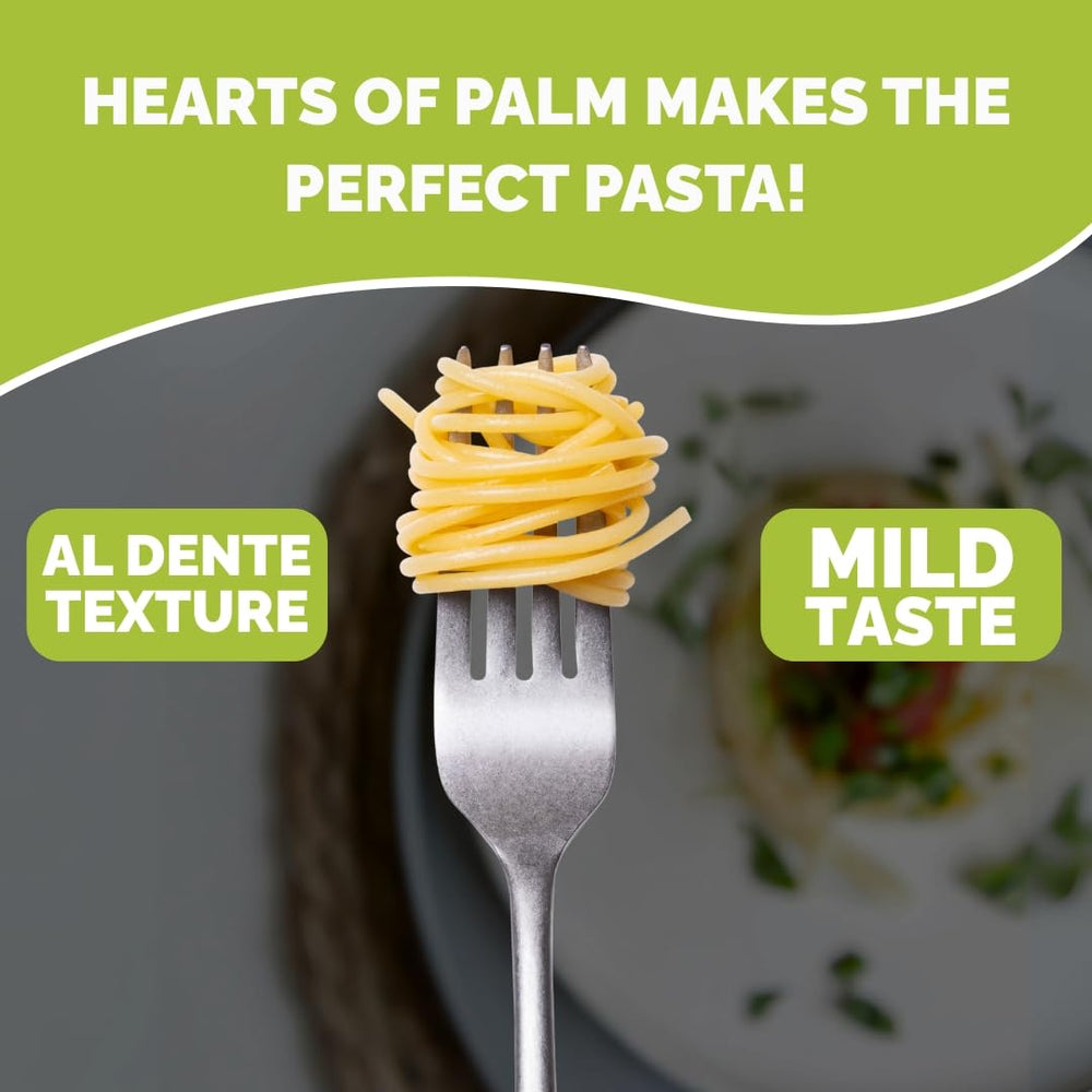 Palmini Angel Hair Pasta cooked strands on fork with light, sauce-ready texture.