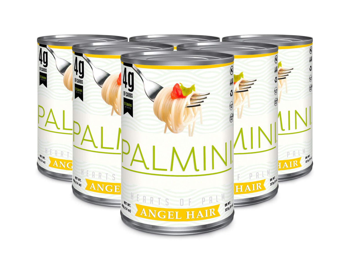 Palmini Angel Hair Pasta packaging front highlights a low-calorie, keto-friendly option.