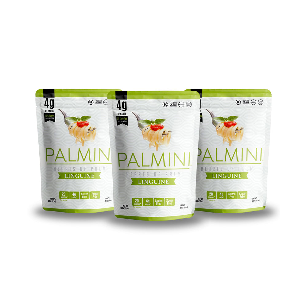 Palmini linguine pasta pack-of-3 in packaging, ideal for quick low-calorie weeknight meals.