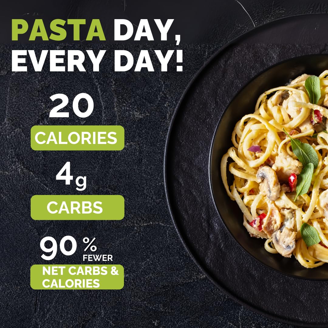 Palmini linguine pasta with tomato sauce shows sauce clinging to slender, keto-friendly strands.