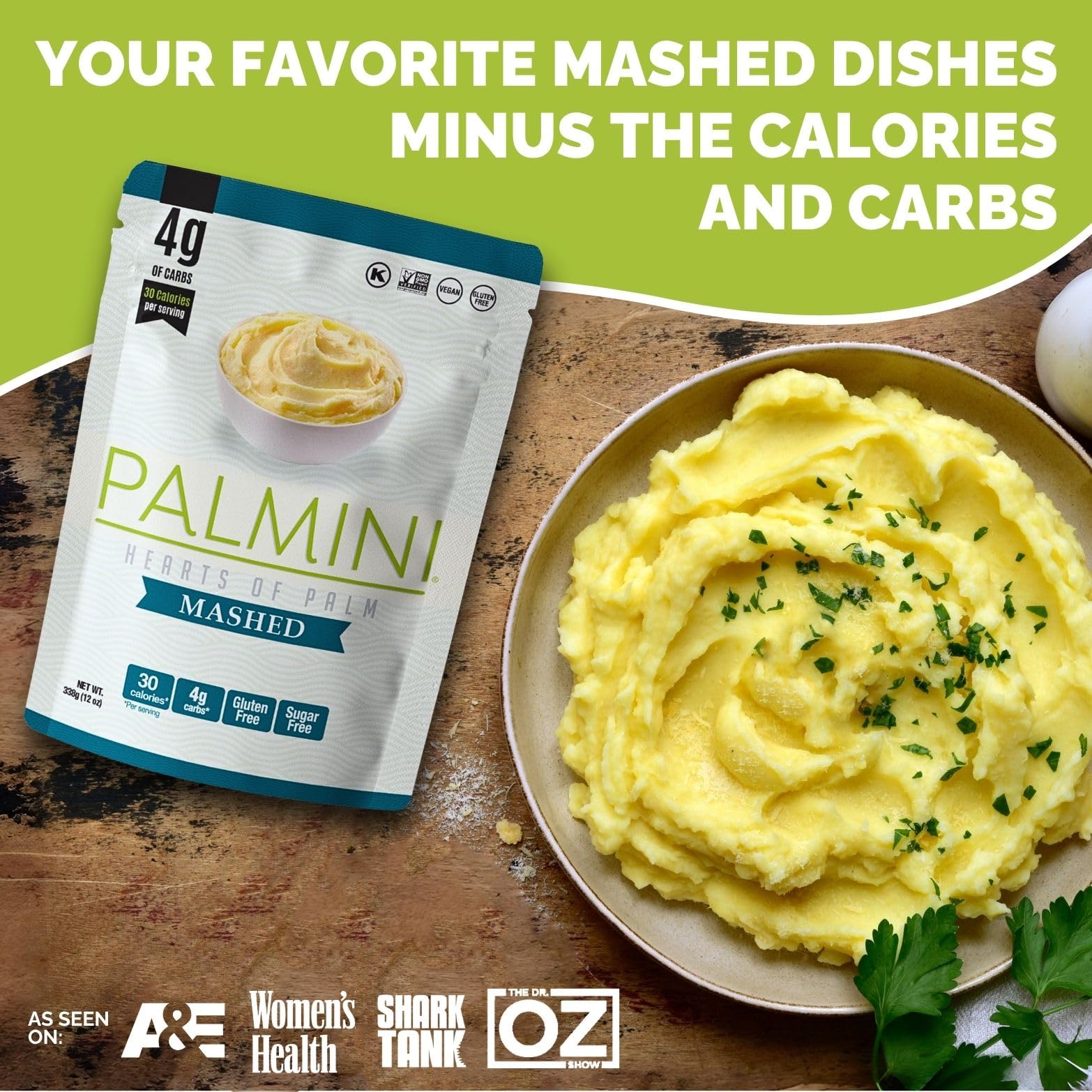 Palmini Mashed poured onto a plate with herbs for flavor.