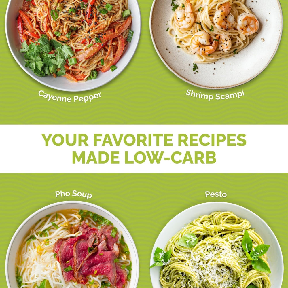 Palmini six-pack pouches provide pantry-friendly low-carb noodles.