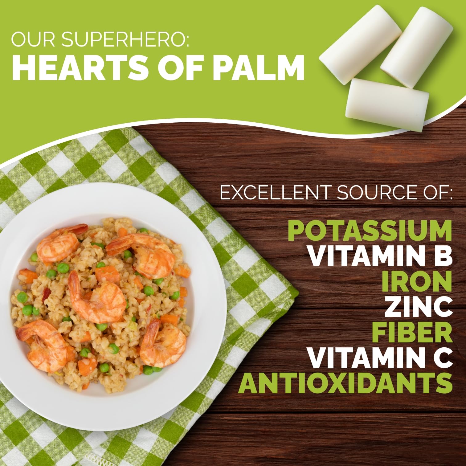 Non-GMO Palmini Rice packaging label highlighting health-conscious choice.