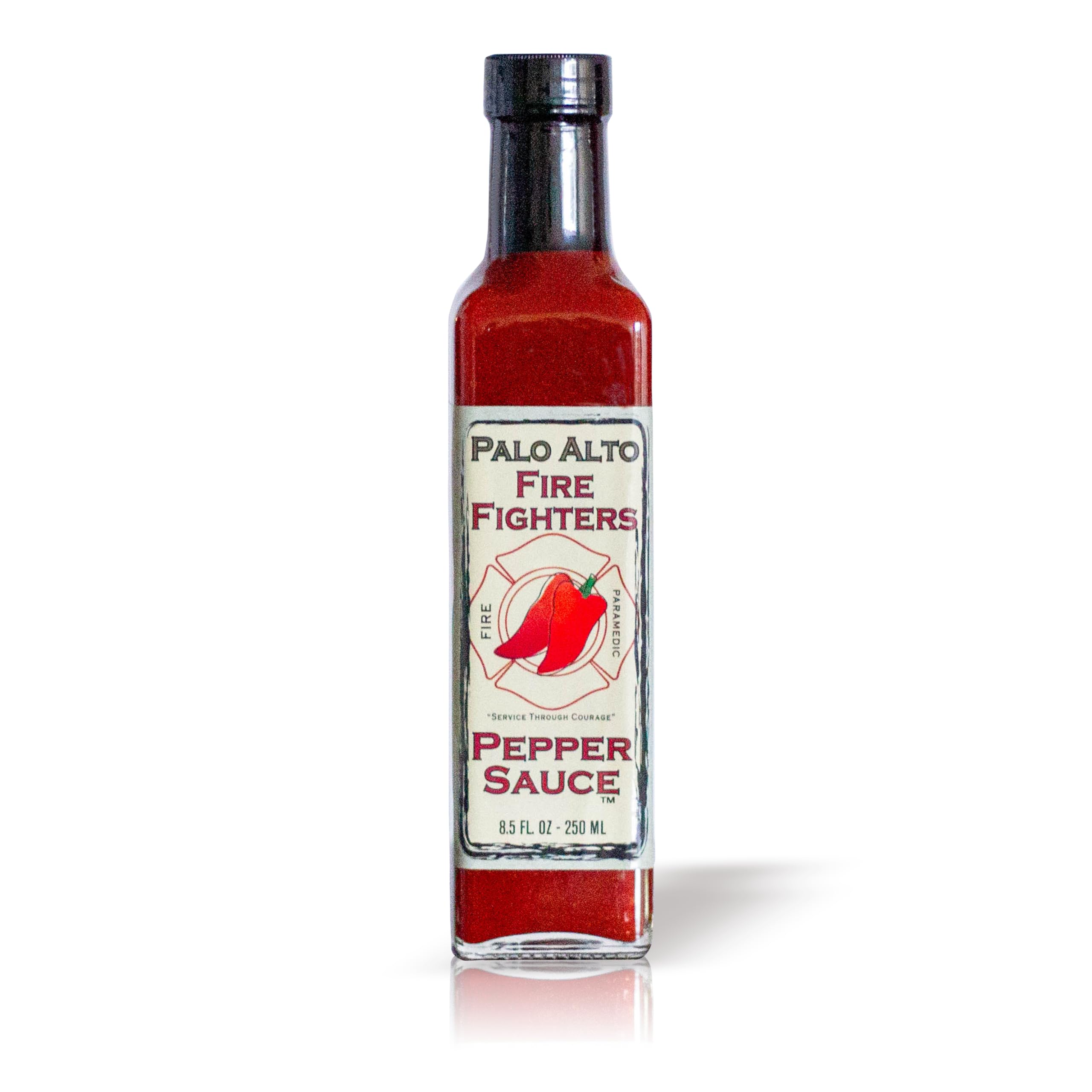 Palo Alto Firefighters Pepper Sauce bottle on display with salt-free flavor for healthier meals