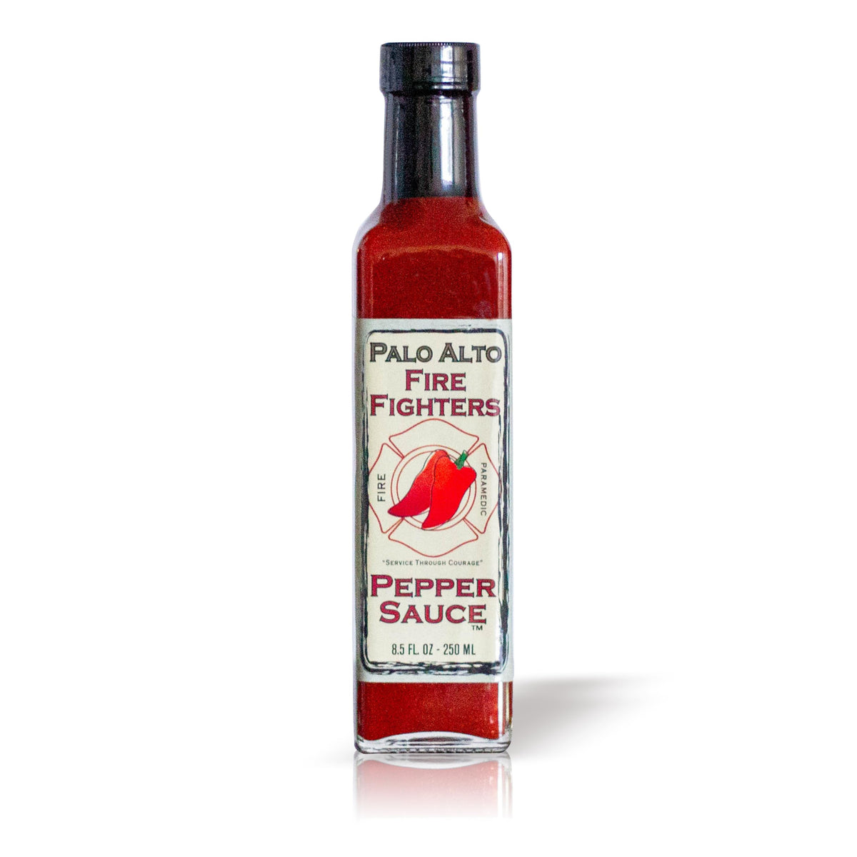 Palo Alto Firefighters Pepper Sauce bottle on display with salt-free flavor for healthier meals