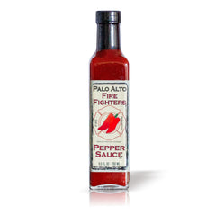 Palo Alto Firefighters Pepper Sauce bottle on display with salt-free flavor for healthier meals
