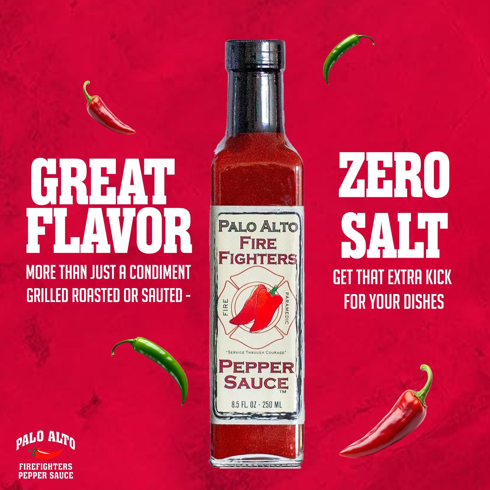 Close-up of Palo Alto Firefighters Pepper Sauce label highlighting zero sodium